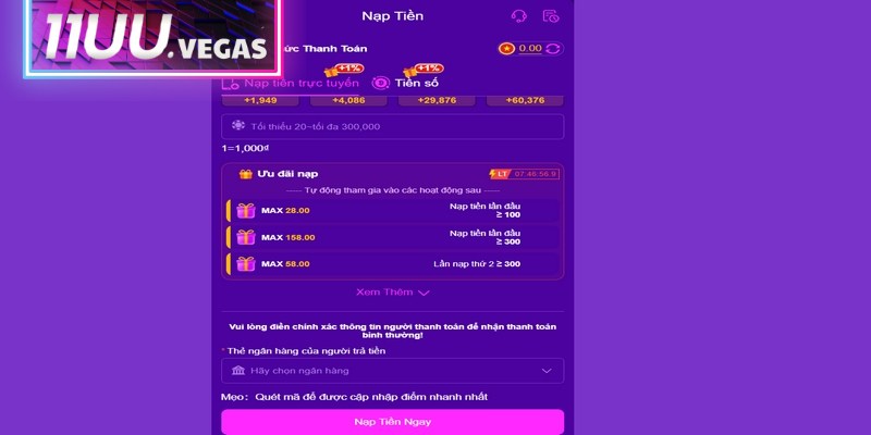 Hệ thống hiện nay hỗ trợ thành viên nhiều hình thức nạp tiền 11UU